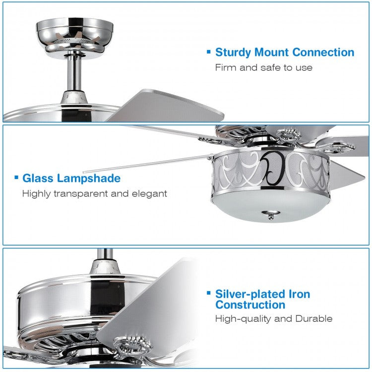 52 Inch Silver Ceiling Fan with Light, Reversible Blades & Adjustable Speed Settings