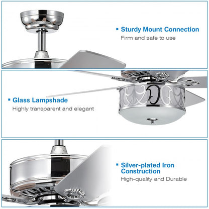 52 Inch Silver Ceiling Fan with Light, Reversible Blades & Adjustable Speed Settings