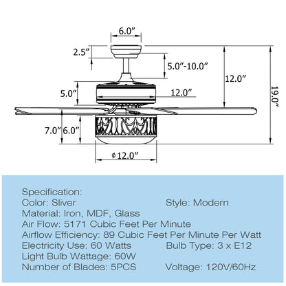 52 Inch Silver Ceiling Fan with Light, Reversible Blades & Adjustable Speed Settings