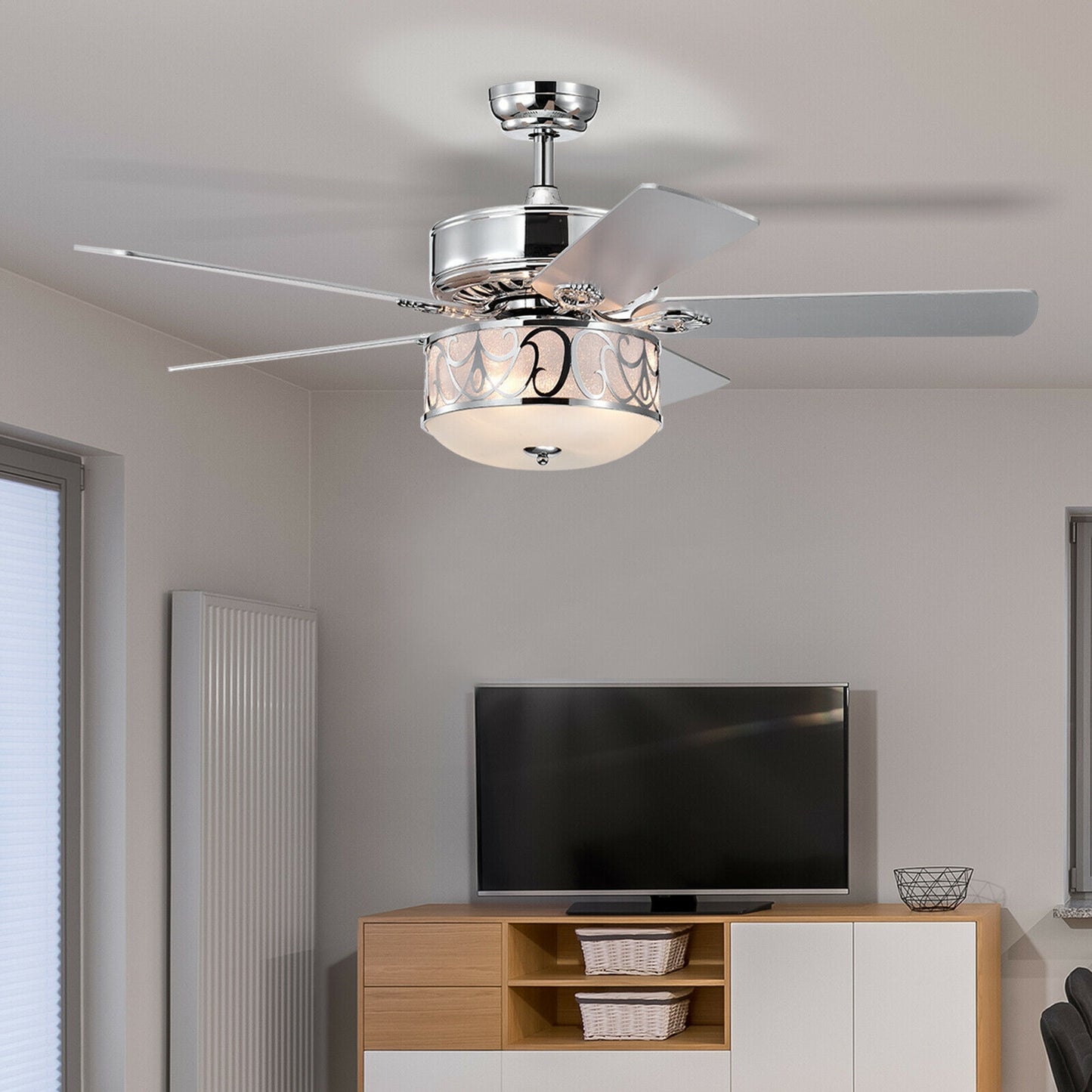 52 Inch Silver Ceiling Fan with Light, Reversible Blades & Adjustable Speed Settings