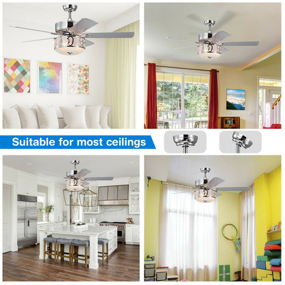 52 Inch Silver Ceiling Fan with Light, Reversible Blades & Adjustable Speed Settings