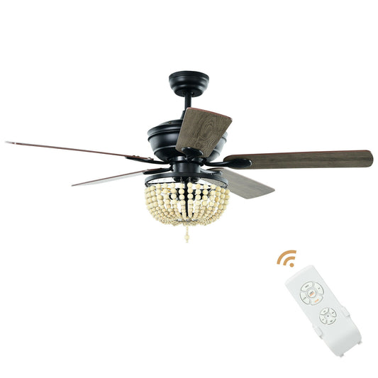 52 Inch Retro Ceiling Fan with Beads Lampshade, Reversible Blades & Remote Control – Black