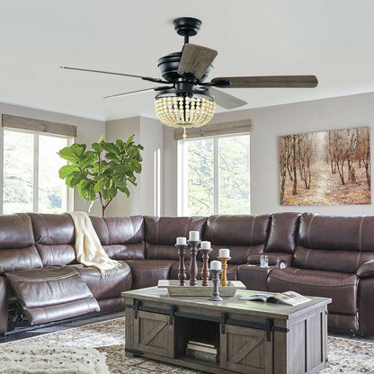 52 Inch Retro Ceiling Fan with Beads Lampshade, Reversible Blades & Remote Control – Black