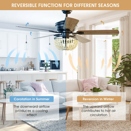 52 Inch Retro Ceiling Fan with Beads Lampshade, Reversible Blades & Remote Control – Black