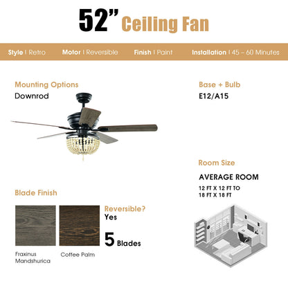 52 Inch Retro Ceiling Fan with Beads Lampshade, Reversible Blades & Remote Control – Black