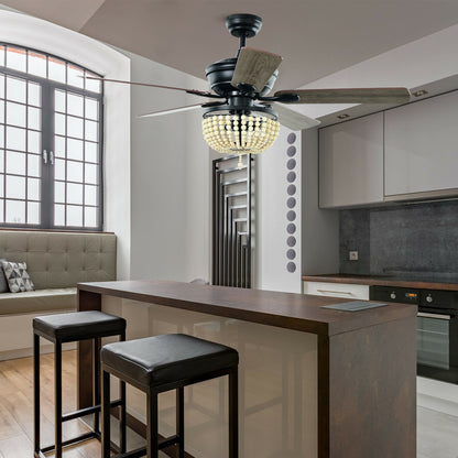 52 Inch Retro Ceiling Fan with Beads Lampshade, Reversible Blades & Remote Control – Black