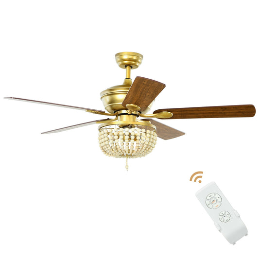 52 Inch Retro Ceiling Fan with Beads Lampshade, Reversible Blades & Remote Control – Golden