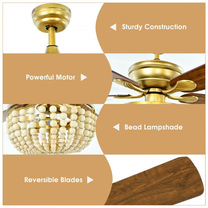 52 Inch Retro Ceiling Fan with Beads Lampshade, Reversible Blades & Remote Control – Golden