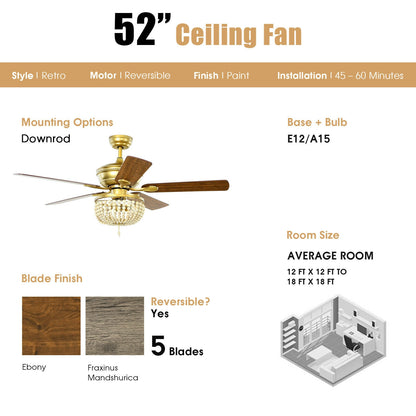 52 Inch Retro Ceiling Fan with Beads Lampshade, Reversible Blades & Remote Control – Golden