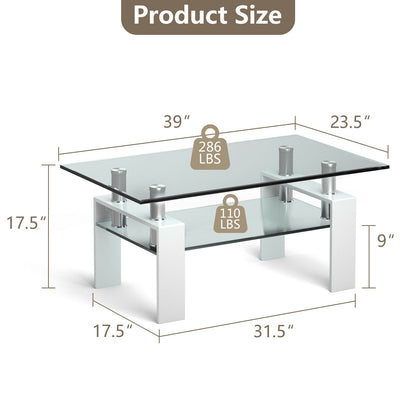 Contemporary Rectangle Coffee Table with Tempered Glass Top and Metal Legs, White