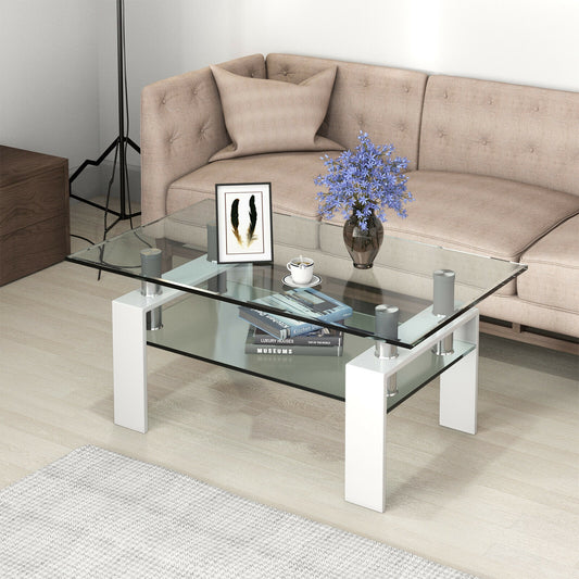 Contemporary Rectangle Coffee Table with Tempered Glass Top and Metal Legs, White
