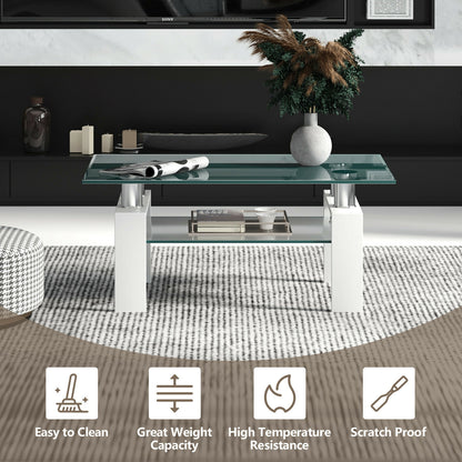 Contemporary Rectangle Coffee Table with Tempered Glass Top and Metal Legs, White