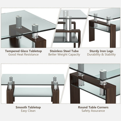 Contemporary Rectangle Coffee Table with Tempered Glass Top and Metal Legs, Brown