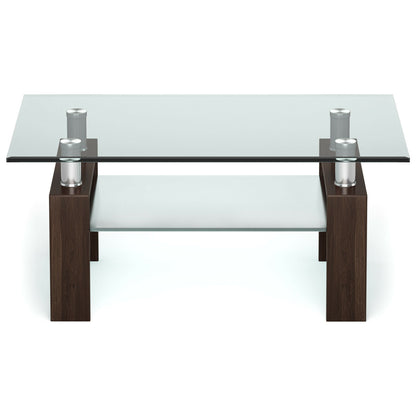 Contemporary Rectangle Coffee Table with Tempered Glass Top and Metal Legs, Brown