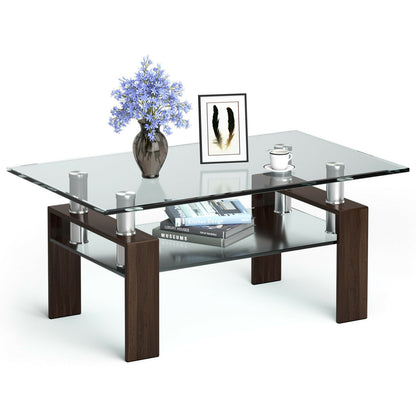 Contemporary Rectangle Coffee Table with Tempered Glass Top and Metal Legs, Brown