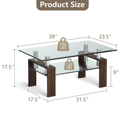 Contemporary Rectangle Coffee Table with Tempered Glass Top and Metal Legs, Brown