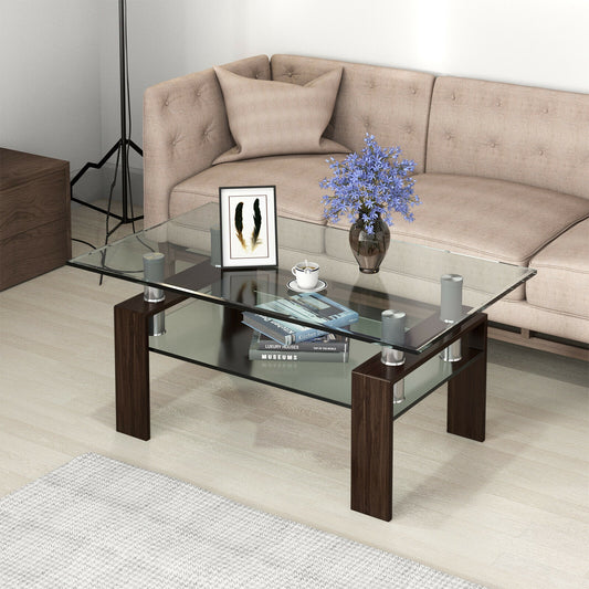 Contemporary Rectangle Coffee Table with Tempered Glass Top and Metal Legs, Brown