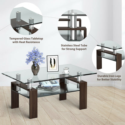 Contemporary Rectangle Coffee Table with Tempered Glass Top and Metal Legs, Brown