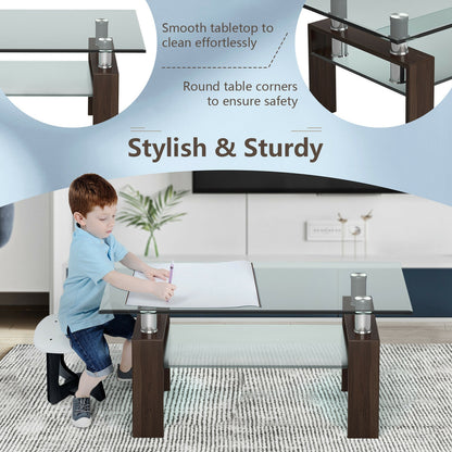 Contemporary Rectangle Coffee Table with Tempered Glass Top and Metal Legs, Brown