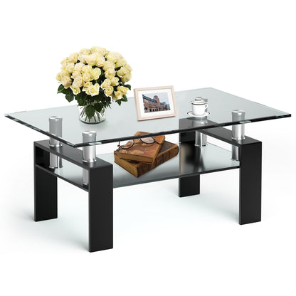 Contemporary Rectangle Coffee Table with Tempered Glass Top and Metal Legs, Black