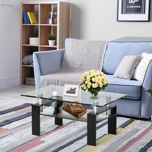Contemporary Rectangle Coffee Table with Tempered Glass Top and Metal Legs, Black
