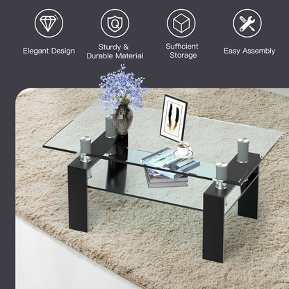 Contemporary Rectangle Coffee Table with Tempered Glass Top and Metal Legs, Black