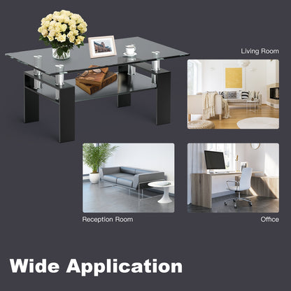 Contemporary Rectangle Coffee Table with Tempered Glass Top and Metal Legs, Black