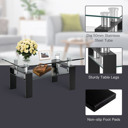 Contemporary Rectangle Coffee Table with Tempered Glass Top and Metal Legs, Black
