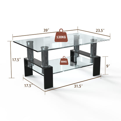 Contemporary Rectangle Coffee Table with Tempered Glass Top and Metal Legs, Black