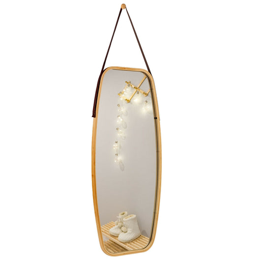 39 Inch Modern Bamboo Framed Wall Mirror with Adjustable Leather Strap