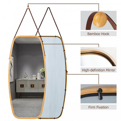 39 Inch Modern Bamboo Framed Wall Mirror with Adjustable Leather Strap