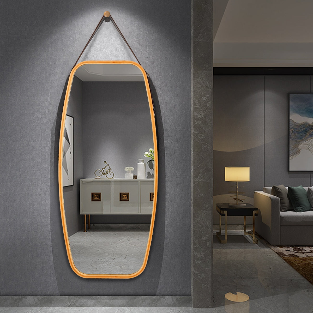 39 Inch Modern Bamboo Framed Wall Mirror with Adjustable Leather Strap
