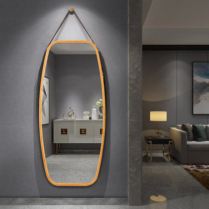 39 Inch Modern Bamboo Framed Wall Mirror with Adjustable Leather Strap