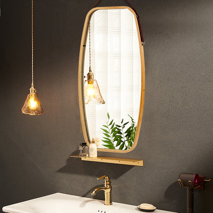 39 Inch Modern Bamboo Framed Wall Mirror with Adjustable Leather Strap