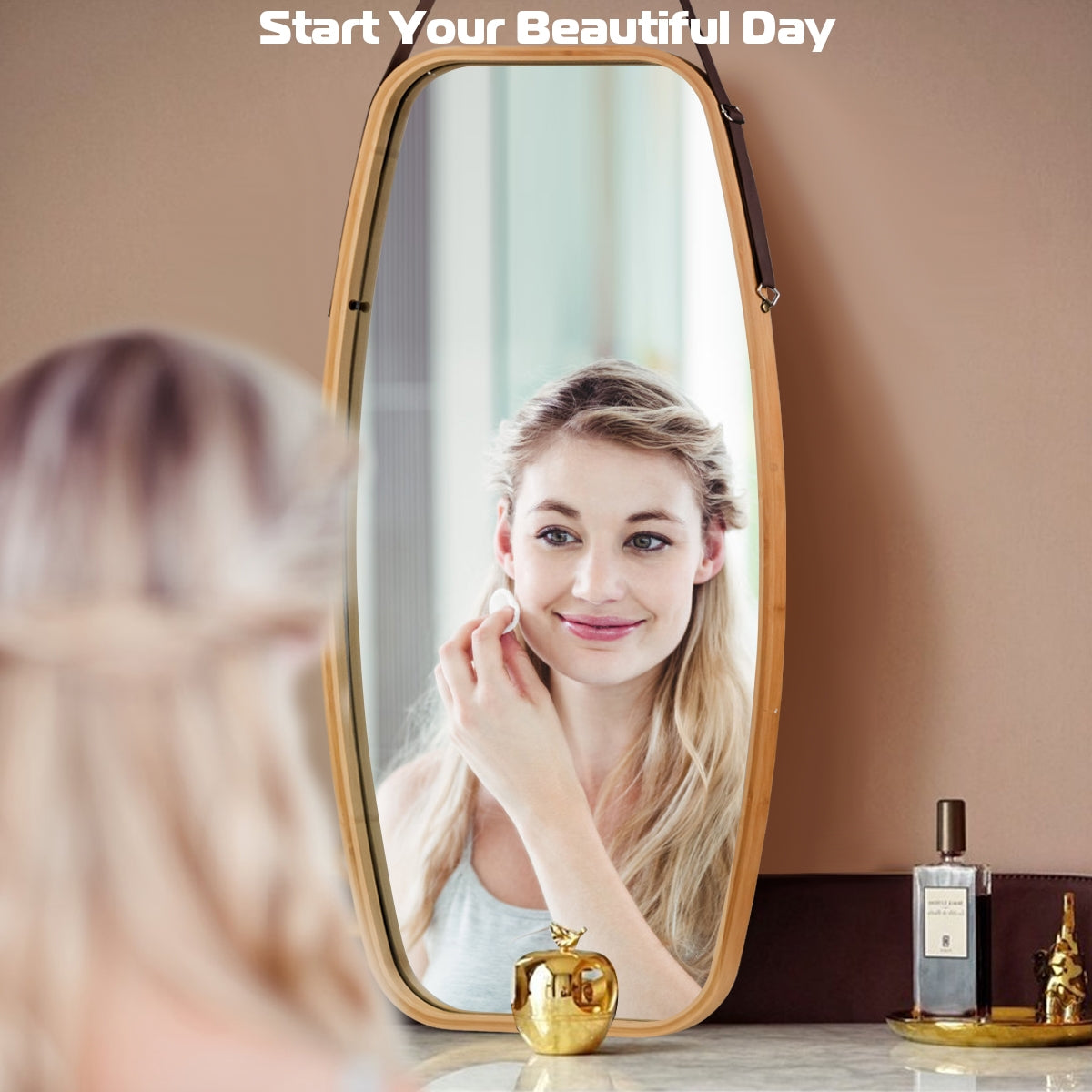 39 Inch Modern Bamboo Framed Wall Mirror with Adjustable Leather Strap