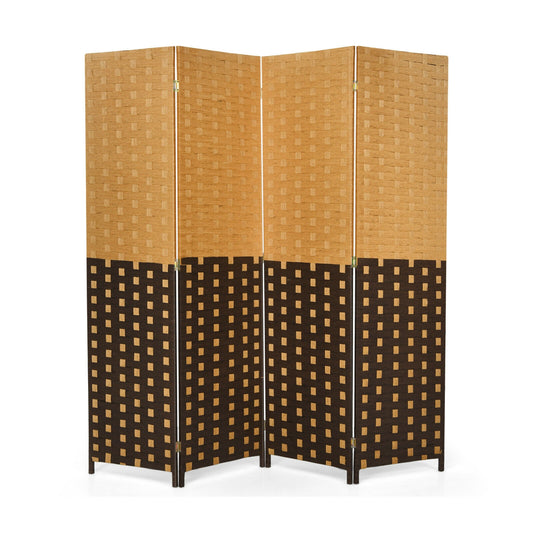 6ft 4 Panel Folding Privacy Screen with Poplar Wood Frame and Hand-Woven Fiber