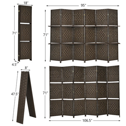 6 Panel Folding Room Divider with 2 Shelves - Handwoven Fiber, Brown