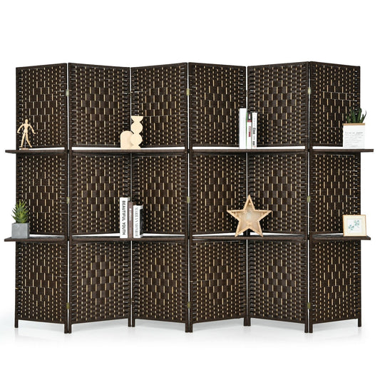 6 Panel Folding Room Divider with 2 Shelves - Handwoven Fiber, Brown