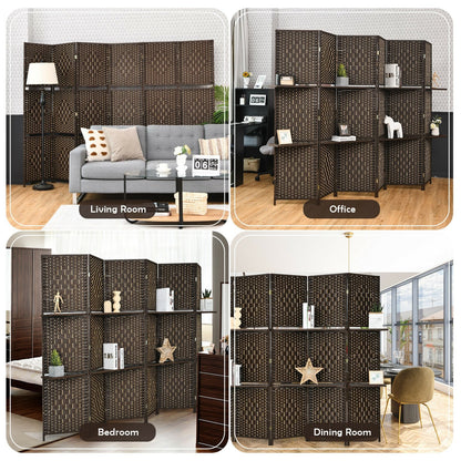 6 Panel Folding Room Divider with 2 Shelves - Handwoven Fiber, Brown