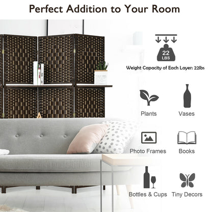 6 Panel Folding Room Divider with 2 Shelves - Handwoven Fiber, Brown