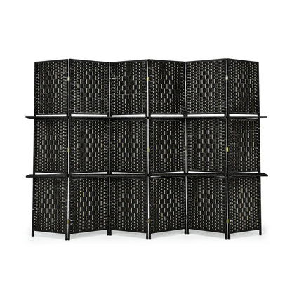6 Panel Folding Room Divider with 2 Shelves - Handwoven Fiber, Black