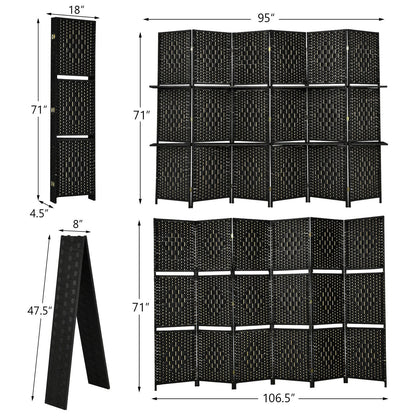 6 Panel Folding Room Divider with 2 Shelves - Handwoven Fiber, Black