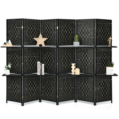 6 Panel Folding Room Divider with 2 Shelves - Handwoven Fiber, Black