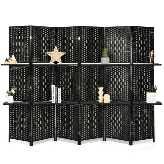 6 Panel Folding Room Divider with 2 Shelves - Handwoven Fiber, Black