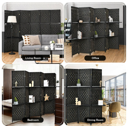 6 Panel Folding Room Divider with 2 Shelves - Handwoven Fiber, Black