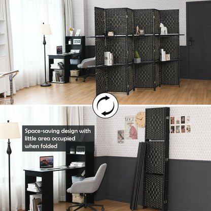 6 Panel Folding Room Divider with 2 Shelves - Handwoven Fiber, Black