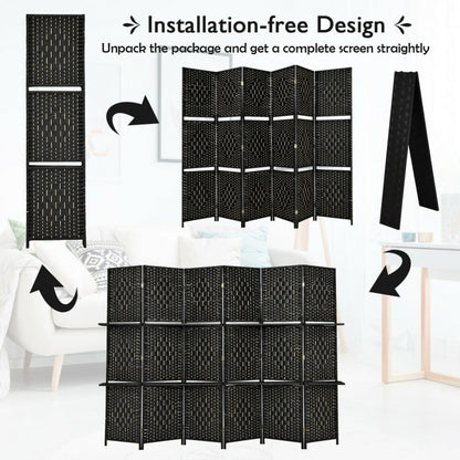 6 Panel Folding Room Divider with 2 Shelves - Handwoven Fiber, Black