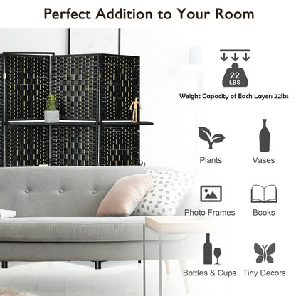 6 Panel Folding Room Divider with 2 Shelves - Handwoven Fiber, Black