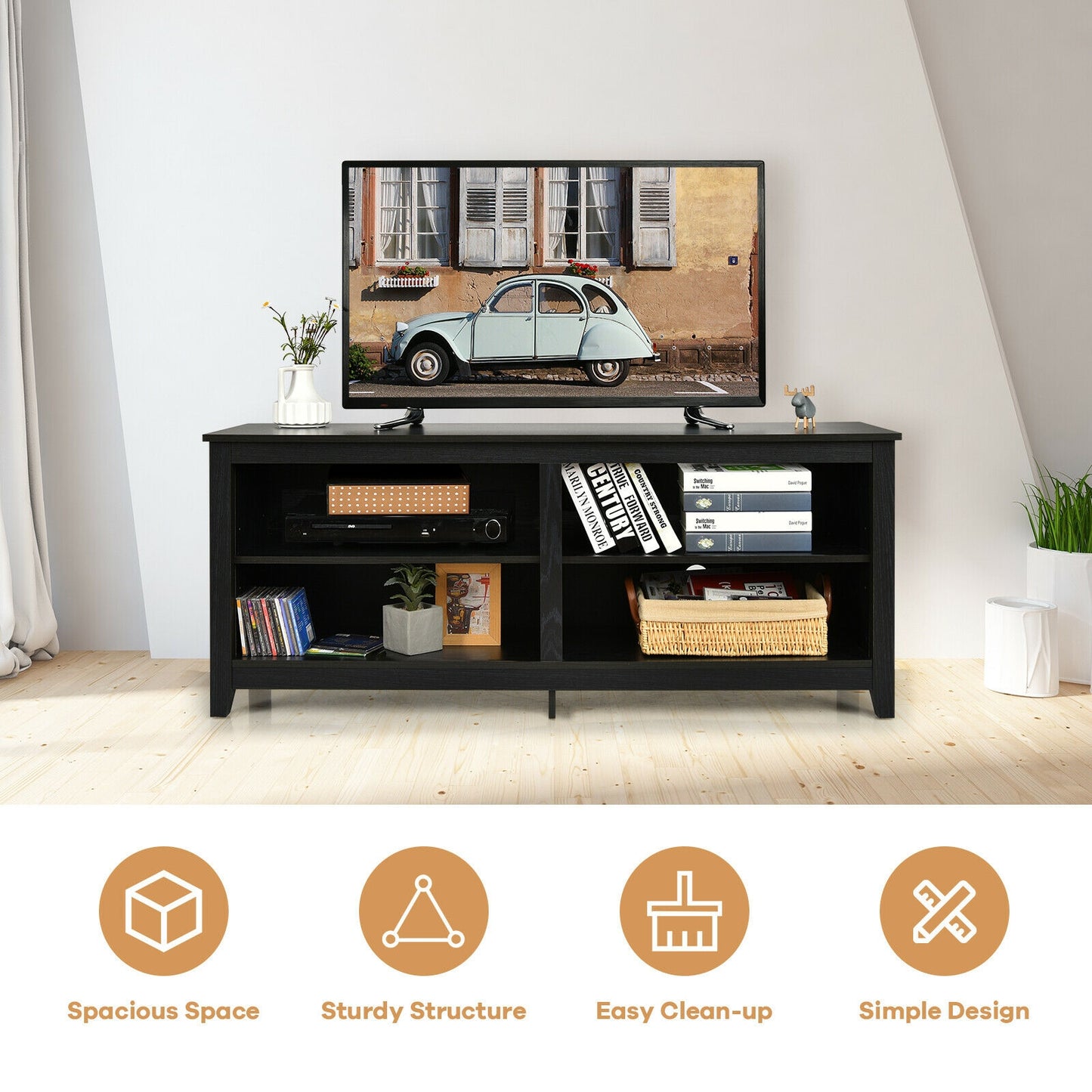 Modern TV Stand with Four Open Cubbies and Adjustable Shelf for TVs up to 65 Inches