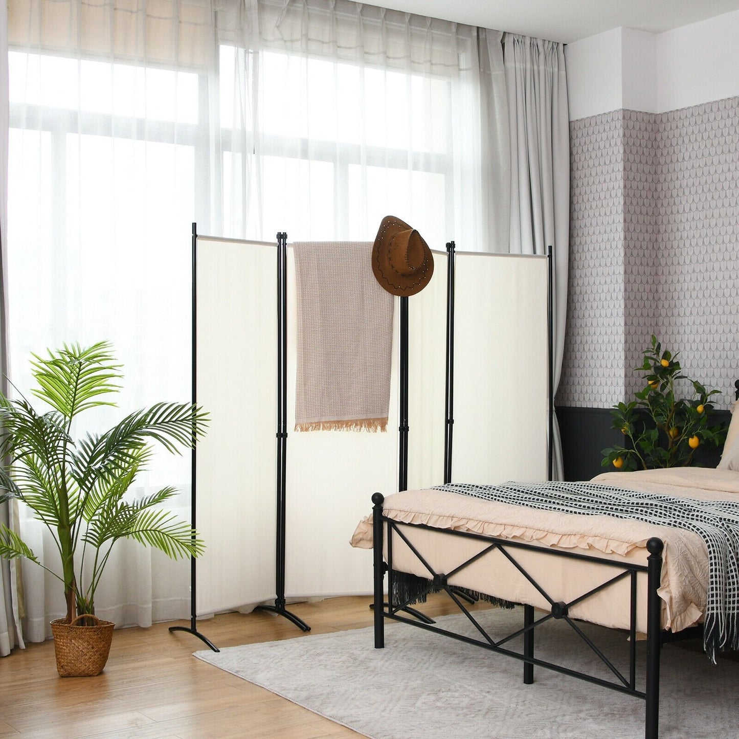 Elegant 4 Panel Folding Room Divider with Sturdy Steel Frame – White